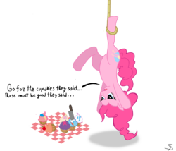 Size: 2978x2552 | Tagged: safe, artist:falleninthedark, pinkie pie, earth pony, pony, g4, cupcake, female, high res, hung upside down, snare trap, solo, trap (device), trapped, upside down
