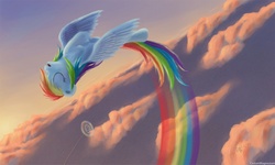 Size: 1500x900 | Tagged: safe, artist:cesiummagnesium, rainbow dash, pegasus, pony, g4, aerobatics, cloud, cloudy, drawing, eyes closed, female, flying, mare, open mouth, rainbow trail, solo, sonic rainboom, sunset, traditional art