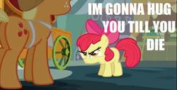 Size: 640x326 | Tagged: safe, edit, edited screencap, screencap, apple bloom, applejack, earth pony, pony, call of the cutie, g4, angry, apple bloom is not amused, butt, caption, female, filly, image macro, implied hugging, mare, plot, pouting