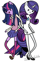 Size: 1316x2000 | Tagged: safe, artist:sandra626, rarity, twilight sparkle, anthro, g4, adventure time, ambiguous facial structure, clothes, male, skinny, skirt, style emulation, thin