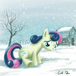 Size: 640x640 | Tagged: safe, artist:giantmosquito, bon bon, sweetie drops, earth pony, pony, g4, female, hooves, mare, snow, snowfall, solo, tree