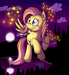 Size: 1237x1341 | Tagged: safe, artist:raunchyopposition, fluttershy, firefly (insect), pegasus, pony, g4, canterlot, female, flying, glowing, mare, moon, night, reflection, solo, water