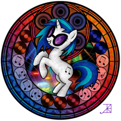 Size: 1600x1600 | Tagged: safe, artist:akili-amethyst, dj pon-3, vinyl scratch, pony, unicorn, g4, disney, dive to the heart, female, kingdom hearts, mare, music notes, rearing, record, solo, stained glass