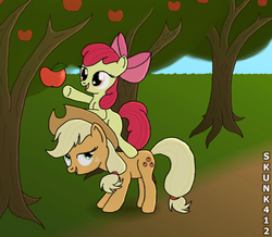 Size: 900x783 | Tagged: safe, artist:skunk412, apple bloom, applejack, g4, apple, apple bloom riding applejack, apple tree, female, food, ponies riding ponies, riding, sisters, tree