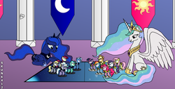 Size: 900x459 | Tagged: safe, artist:skunk412, applejack, cloudchaser, derpy hooves, fluttershy, lyra heartstrings, pinkie pie, princess celestia, princess luna, rainbow dash, rarity, roseluck, trixie, twilight sparkle, pegasus, pony, g4, female, game, mane six, mare, playing with ponies