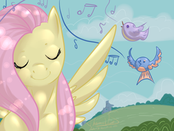 Size: 1200x900 | Tagged: safe, artist:ashenchi, fluttershy, bird, pegasus, pony, g4, bust, eyes closed, female, listening, mare, music notes, outdoors, singing, smiling, solo, spread wings, wings