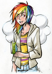 Size: 900x1289 | Tagged: safe, artist:sotwnisey, rainbow dash, human, g4, book, clothes, female, humanized, open mouth, red eyes, simple background, smiling, solo, traditional art, white background
