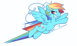 Size: 671x402 | Tagged: safe, artist:theuselesstoe, rainbow dash, pegasus, pony, g4, cloud, female, mare, rainbow trail, simple background, solo, white background