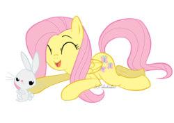 Size: 4961x3508 | Tagged: safe, artist:celestialess, angel bunny, fluttershy, pegasus, pony, rabbit, g4, animal, duo, eyes closed, female, lying down, male, mare, open mouth, prone, simple background, transparent background, vector