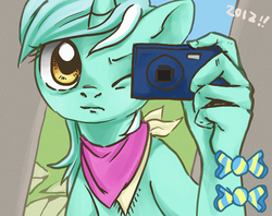 Size: 815x647 | Tagged: safe, artist:bikkisu, lyra heartstrings, anthro, g4, camera, female, hand, hands on pony, hoof hands, selfie, solo