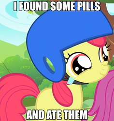 Size: 857x909 | Tagged: safe, edit, edited screencap, screencap, apple bloom, scootaloo, g4, my little pony: friendship is magic, season 1, the cutie mark chronicles, cropped, helmet, i found pills, i found pills and ate them, image macro, pills, solo focus