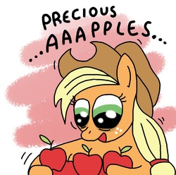 Size: 651x646 | Tagged: safe, artist:muzza299, applejack, earth pony, pony, g4, apple, creepy, female, gollum, mare, solo