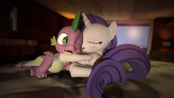 Size: 1191x670 | Tagged: safe, artist:sinistersnuggles, rarity, spike, dragon, pony, unicorn, g4, cheek kiss, duo, eyes closed, female, gmod, interspecies, kissing, male, mare, one eye closed, ship:sparity, shipping, straight