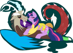 Size: 1133x825 | Tagged: safe, artist:cdla, discord, twilight sparkle, g4, duo, female, imminent kissing, interspecies, male, ship:discolight, shipping, straight