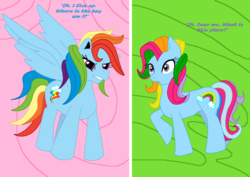 Size: 1214x860 | Tagged: safe, artist:cdla, rainbow dash, rainbow dash (g3), pegasus, pony, g3, g4, duo, g3 to g4, g4 to g3, generation leap, needs more saturation