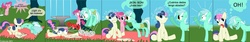 Size: 2000x338 | Tagged: safe, artist:cgeta, bon bon, lyra heartstrings, pinkie pie, sweetie drops, earth pony, pony, unicorn, g4, anvil, circling stars, comic, derp, dizzy, faic, female, knocked silly, mare, ouch, reality ensues, realization, slapstick, spanish, squeans, tongue out, translation