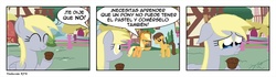 Size: 900x251 | Tagged: safe, applejack, caramel, derpy hooves, pegasus, pony, g4, female, mare, spanish, translation