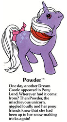 Size: 550x1000 | Tagged: safe, powder, pony, unicorn, g1, official, bow, dream castle, g1 backstory, my little pony fact file, powder pose, snow, tail bow