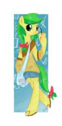 Size: 2244x4525 | Tagged: safe, artist:marisalle, apple fritter, pony, semi-anthro, g4, apple family member, bipedal, clothes, sandals, shirt, shorts, shoulder bag