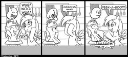 Size: 1000x446 | Tagged: safe, artist:madmax, derpy hooves, dinky hooves, ghost, pegasus, pony, undead, g4, boo (super mario), comic, crossover, female, grayscale, mare, monochrome, peekaboo, simple background, spanish, super mario bros., translation, underp, white background