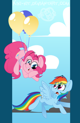 Size: 1024x1575 | Tagged: safe, artist:kiki-kit, pinkie pie, rainbow dash, earth pony, pegasus, pony, g4, balloon, cloud, cloudy, duo, female, floating, lesbian, mare, open mouth, ship:pinkiedash, shipping, then watch her balloons lift her up to the sky
