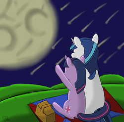 Size: 2000x1973 | Tagged: safe, artist:bored0stiff, shining armor, twilight sparkle, pony, unicorn, g4, brother and sister, female, male, moon, night, picnic, siblings, sitting, stargazing, unicorn twilight