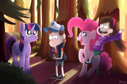 Size: 1200x800 | Tagged: safe, artist:cheshiresdesires, pinkie pie, twilight sparkle, g4, crossover, diplight, dipper pines, gravity falls, journal #3, mabel pines, male