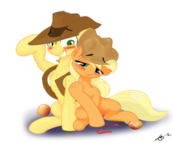 Size: 1280x1054 | Tagged: safe, artist:gavalanche, applejack, braeburn, earth pony, pony, mentally advanced series, g4, blushing, cousin incest, female, incest, loose hair, male, mare, ship:braejack, shipping, simple background, stallion, straight, white background