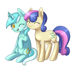 Size: 903x882 | Tagged: safe, artist:ls_skylight, bon bon, lyra heartstrings, sweetie drops, earth pony, pony, unicorn, g4, blushing, duo, eyes closed, female, lesbian, mare, nuzzling, one eye closed, ship:lyrabon, shipping, simple background, transparent background