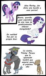 Size: 603x1000 | Tagged: safe, fido, rarity, rover, twilight sparkle, diamond dog, g4, spanish, translation