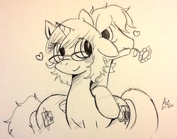 Size: 694x544 | Tagged: safe, artist:claireannecarr, oc, oc only, oc:claire anne carr, oc:la-monge, pegasus, pony, unicorn, blushing, cute, female, glasses, grayscale, heart, leaning, lineart, male, mare, monochrome, mouth hold, smiling, stallion, traditional art, wavy mouth