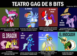 Size: 1024x743 | Tagged: safe, artist:tx2, applejack, derpy hooves, fluttershy, pinkie pie, rainbow dash, rarity, trixie, twilight sparkle, pegasus, pony, g4, 8-bit theater, female, mare, spanish, translation