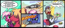 Size: 1000x443 | Tagged: safe, artist:madmax, big macintosh, cheerilee, princess luna, earth pony, human, pony, g4, 80s, 80s cheerilee, back to the future, comic, gun, implied death, male, s1 luna, spanish, stallion, translation, weapon