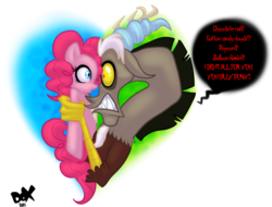 Size: 900x685 | Tagged: safe, artist:pandadox, discord, pinkie pie, g4, female, male, ship:discopie, shipping, straight