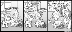 Size: 1000x444 | Tagged: safe, artist:madmax, apple bloom, rarity, spike, g4, comic, spanish, translation