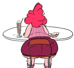 Size: 880x804 | Tagged: safe, artist:ross irving, pinkie pie, human, g4, ass, balloonbutt, black outlines, butt, clothes, colored, digital art, drawing, fat, female, flat colors, humanized, impossibly large butt, light skin, pink hair, rear view, shorts, simple background, sitting, solo, sweater, table, the ass was fat, white background, wide hips