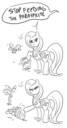 Size: 526x1000 | Tagged: safe, artist:flashinthepan, fluttershy, parasprite, pegasus, pony, g4, apple, comic, feeding, food, this will end in tears, this will not end well