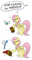 Size: 526x1000 | Tagged: safe, artist:flashinthepan, fluttershy, parasprite, pegasus, pony, g4, animal, apple, bucket, comic, feeding, female, mare, this will end in tears