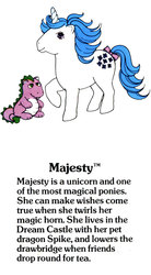 Size: 550x1000 | Tagged: safe, majesty, spike (g1), dragon, pony, unicorn, g1, official, bow, female, g1 backstory, horn, mare, my little pony fact file, raised hoof, simple background, tail bow, text, twirled her magic horn, white background