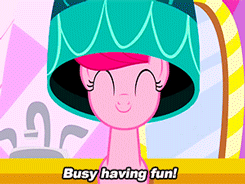 Size: 245x184 | Tagged: safe, edit, edited screencap, screencap, pinkie pie, earth pony, pony, g4, the best night ever, animated, caption, cute, cuteamena, female, hair dryer, happy, image macro, smiling, solo, straight hair