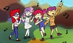 Size: 1000x600 | Tagged: safe, artist:kymsnowman, apple bloom, scootaloo, sweetie belle, twist, human, g4, cutie mark crusaders, dancing, glasses, humanized