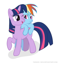 Size: 1600x1740 | Tagged: safe, artist:tadashi--kun, rainbow dash, twilight sparkle, pegasus, pony, unicorn, g4, duo, female, lesbian, mare, open mouth, ship:twidash, shipping, wink