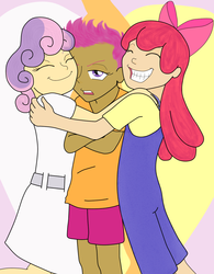 Size: 936x1200 | Tagged: safe, artist:ac-drawings, artist:mousathe14, apple bloom, scootaloo, sweetie belle, human, g4, cutie mark crusaders, dark skin, hug, humanized