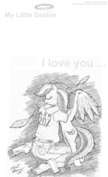 Size: 735x1200 | Tagged: safe, artist:nightweaver20xx, rainbow dash, human, pegasus, pony, fanfic:my little dashie, g4, backwards cutie mark, barefoot, eyes closed, feet, female, grayscale, hug, human male, leaves, male, mare, monochrome, pencil drawing, traditional art, wing fluff