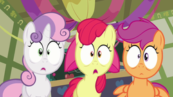 Size: 1280x720 | Tagged: safe, screencap, apple bloom, scootaloo, sweetie belle, earth pony, pegasus, pony, unicorn, g4, hearts and hooves day (episode), my little pony: friendship is magic, cutie mark crusaders, female, filly, foal, hearts and hooves day, ponyville schoolhouse, reaction image