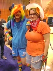 Size: 480x640 | Tagged: safe, applejack, rainbow dash, human, g4, cosplay, fat, irl, irl human, photo