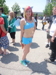 Size: 3240x4320 | Tagged: safe, artist:naruhinafanatic, rainbow dash, human, g4, anime north, anime north 2012, belly button, belly piercing, bellyring, clothes, cosplay, costume, high res, irl, irl human, multicolored hair, photo, piercing, rainbow hair