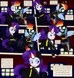 Size: 2490x2600 | Tagged: safe, artist:blackbewhite2k7, rainbow dash, rarity, pegasus, pony, unicorn, g4, ask, batman, batmare, blushing, catmare, catwoman, cheek kiss, duo, emanata, feather, female, fight, grin, high res, kissing, lesbian, mare, parody, ship:raridash, shipping, smiling, sweat, wingboner