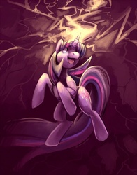 Size: 587x748 | Tagged: safe, artist:caramelbrulee, twilight sparkle, pony, unicorn, g4, electricity, female, glowing, magic, mare, rearing, solo