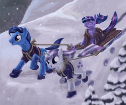 Size: 1200x1000 | Tagged: safe, artist:sessalisk, night light, twilight sparkle, twilight velvet, g4, cute, filly, filly twilight sparkle, parent, sled, sledge, snow, snowfall, twiabetes, winter